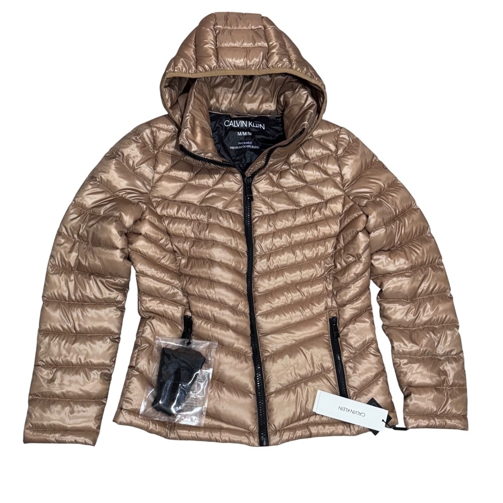 Calvin Klein Shine Packable Premium Down Hooded Puffer Gold Rose Gold M NWT $190